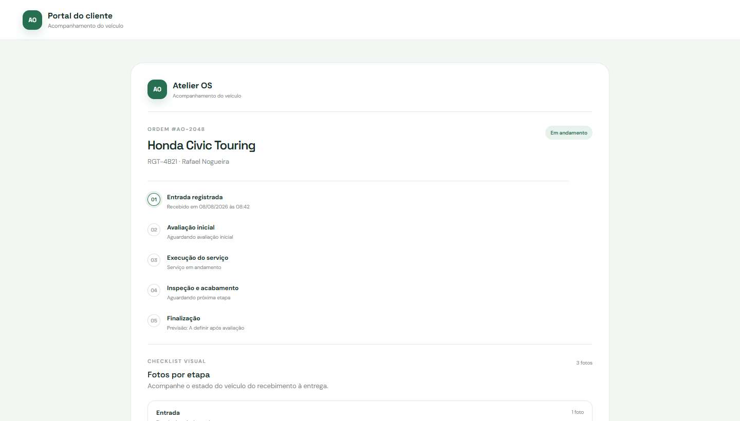 Prévia atual do portal de acompanhamento do cliente do Atelier OS