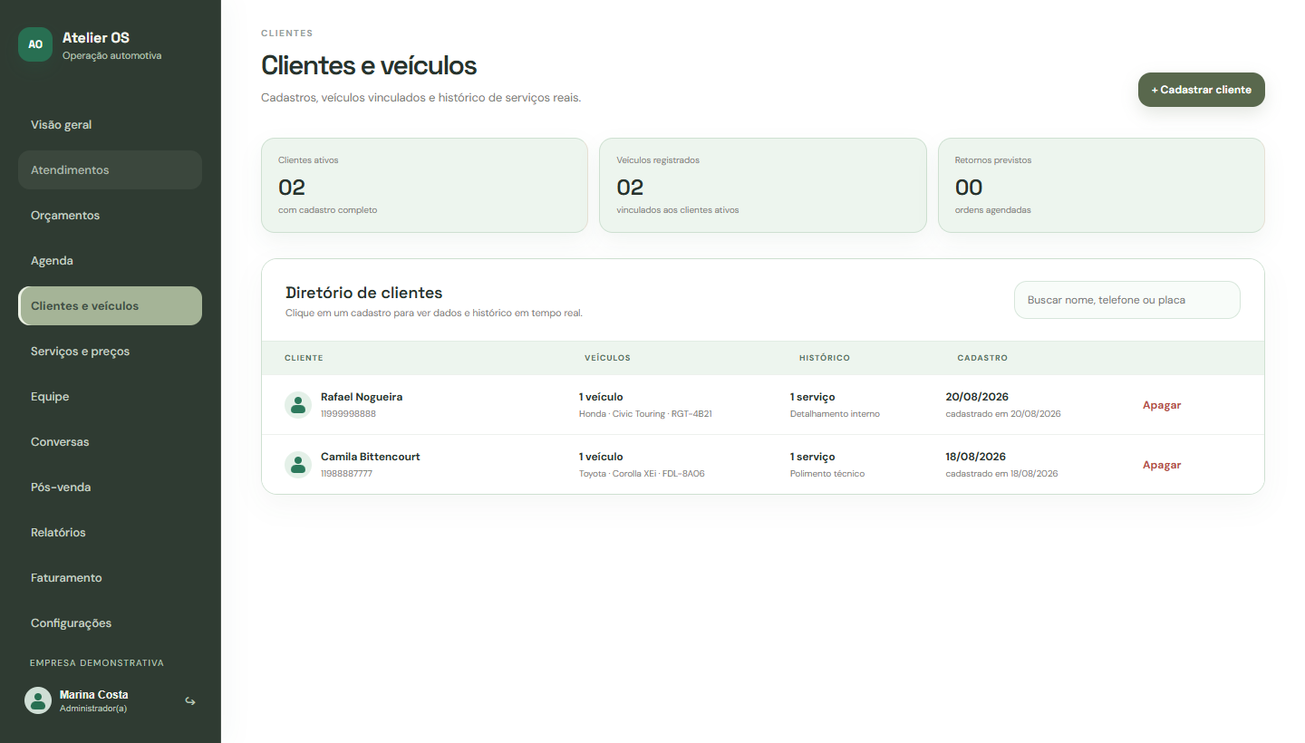 Tela atual de clientes e veículos com clientes recorrentes, histórico e cadastro de novo cliente