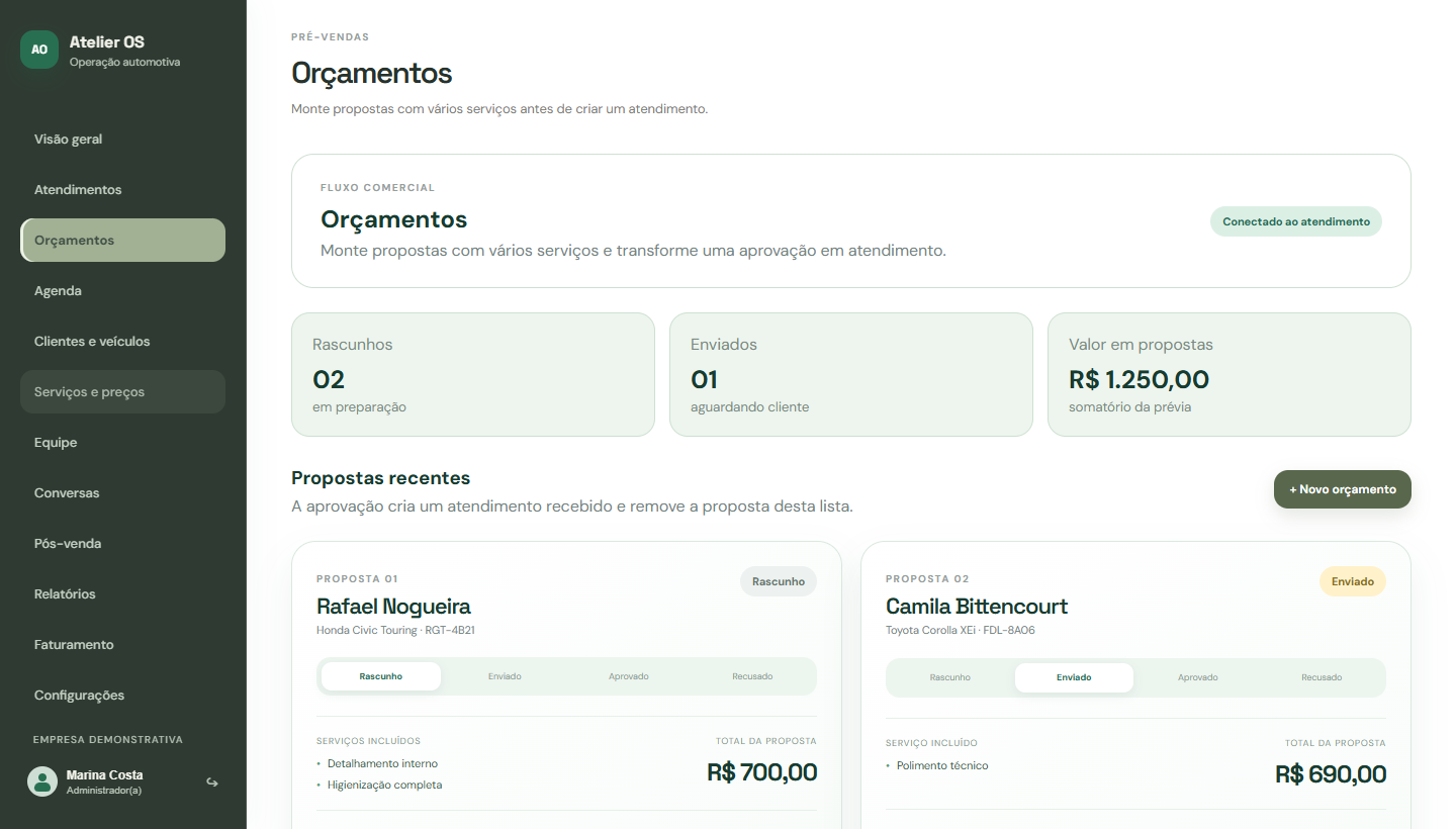 Tela atual de orçamentos do Atelier OS com propostas, serviços, status e valores