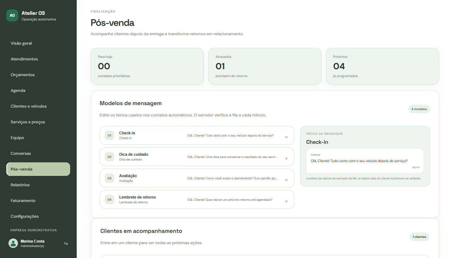 Tela atual de pós-venda do Atelier OS com modelos de mensagem e clientes em acompanhamento